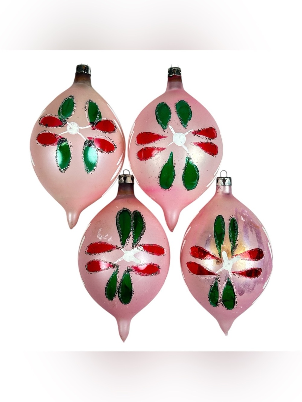 4 Vtg 4.25" Fantasia Pink Glass Teardrop Tulip Christmas Ornaments Mica Poland